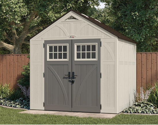 Ashman Online 8 ft. x 7 ft Horizontal Stow-Away Storage Shed - Natural Wood-Like Outdoor Storage, Home-Shaped Design - All-Weather Resin, Hinged Lid, Reinforced Floor - Vanilla and Stoney