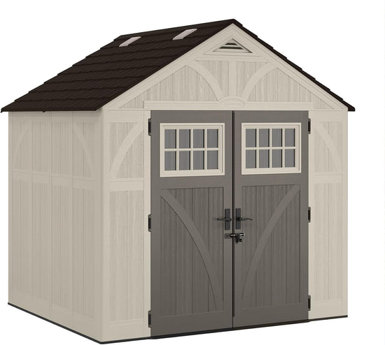 Ashman Online 8 ft. x 7 ft Horizontal Stow-Away Storage Shed - Natural Wood-Like Outdoor Storage, Home-Shaped Design - All-Weather Resin, Hinged Lid, Reinforced Floor - Vanilla and Stoney