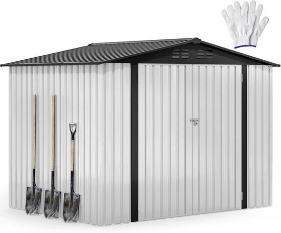 Ashman Online 8x6ft Metal Outdoor Storage Shed, Heavy-Duty Waterproof Tool Shed with Lockable Door and Vents – Perfect for Backyards, Patios, and Lawns (White)