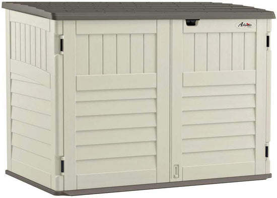 Ashman Online 5.9 ft. x 3.7 ft. Horizontal Stow-Away Storage Shed – Natural Wood-like Outdoor Storage Solution for Trash Cans, Yard Tools, and More – All-Weather Resin, Hinged Lid, Reinforced Floor – Vanilla and Stoney