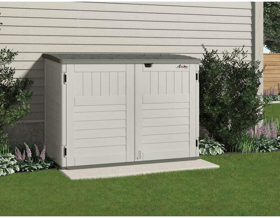 Ashman Online 5.9 ft. x 3.7 ft. Horizontal Stow-Away Storage Shed – Natural Wood-like Outdoor Storage Solution for Trash Cans, Yard Tools, and More – All-Weather Resin, Hinged Lid, Reinforced Floor – Vanilla and Stoney